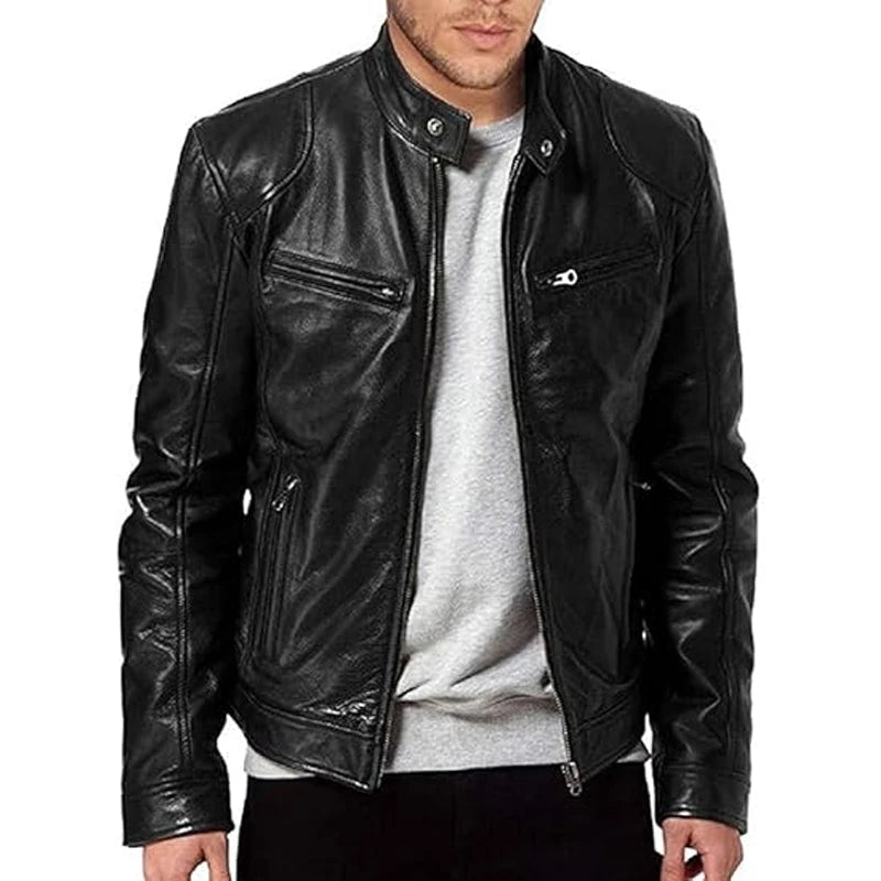 PU Leather Stand-Collar Zip-Up Jacket