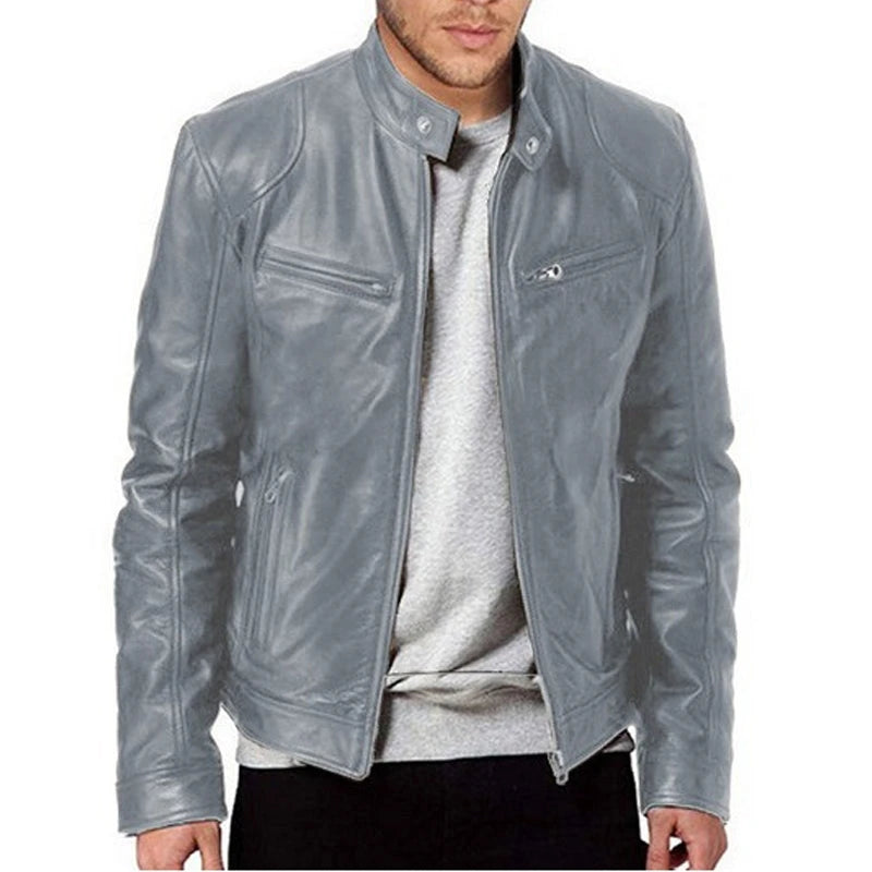 PU Leather Stand-Collar Zip-Up Jacket