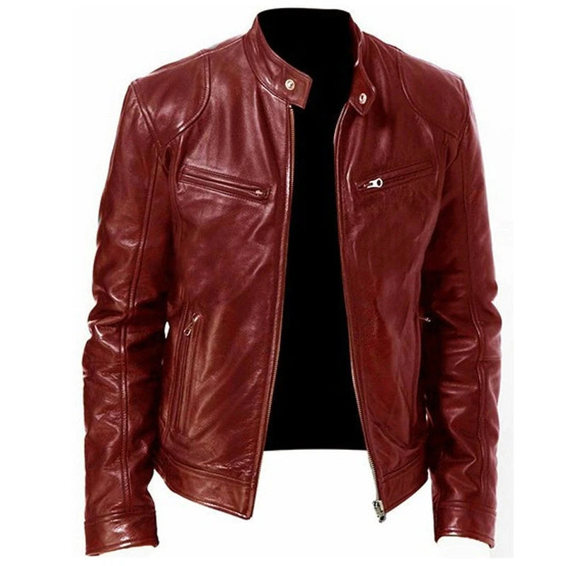 PU Leather Stand-Collar Zip-Up Jacket