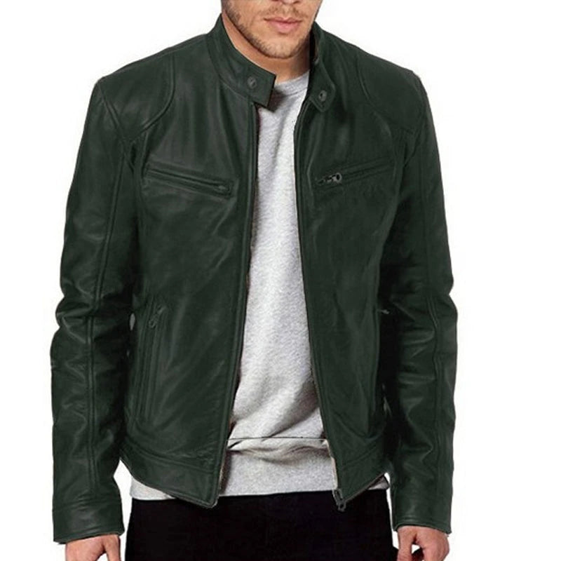 PU Leather Stand-Collar Zip-Up Jacket