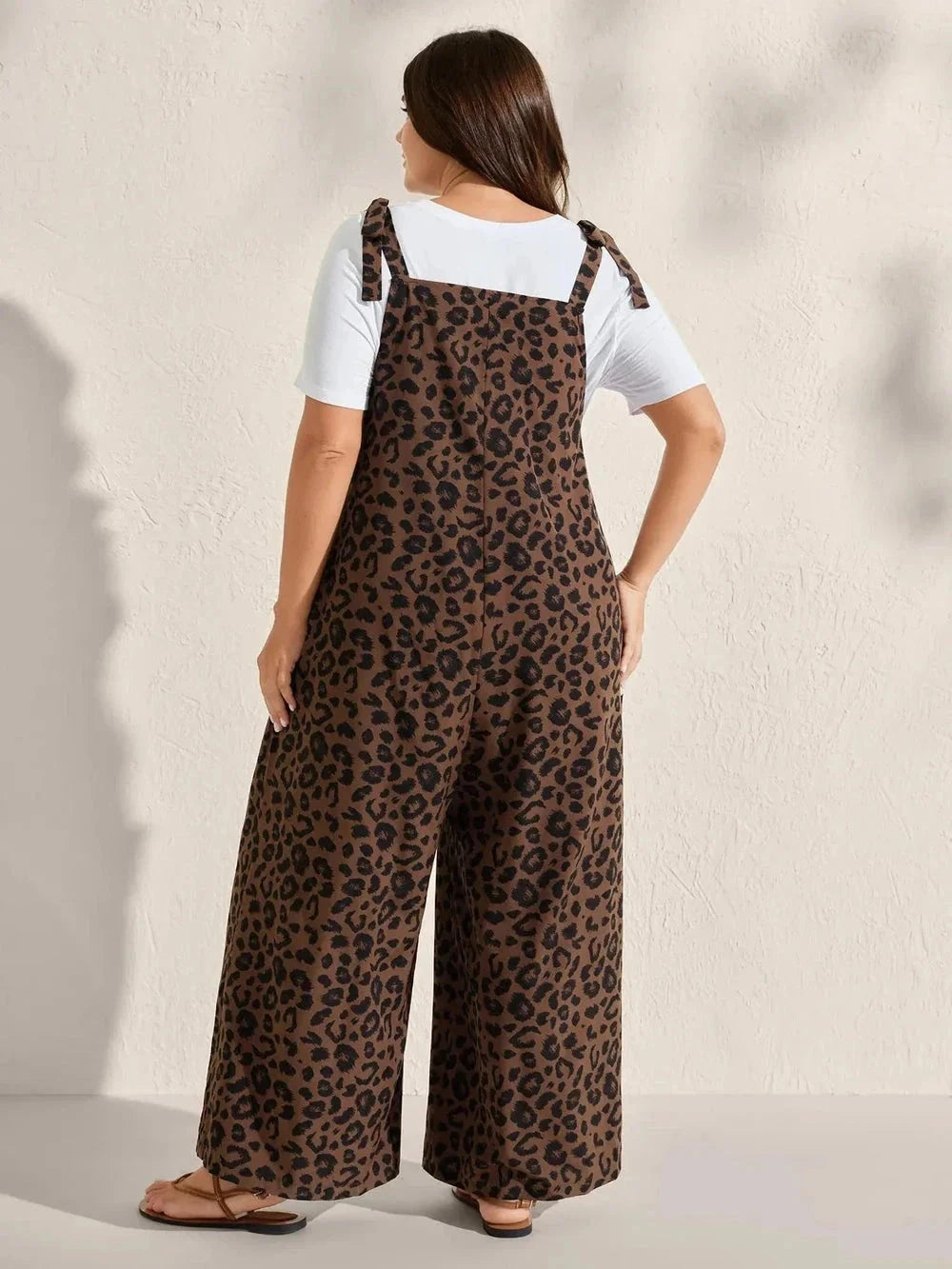 Plus Size Leopard Print Wide-Leg Jumpsuit with Adjustable Shoulder Ties