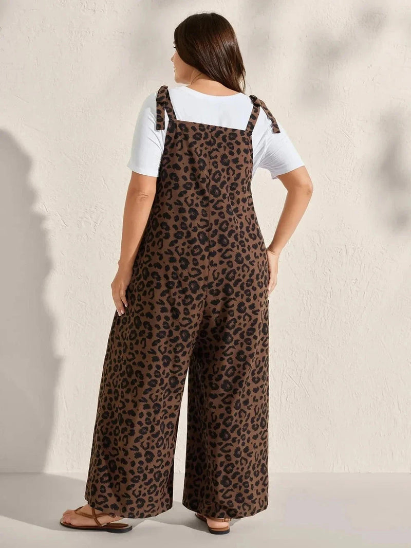 Plus Size Leopard Print Wide-Leg Jumpsuit with Adjustable Shoulder Ties