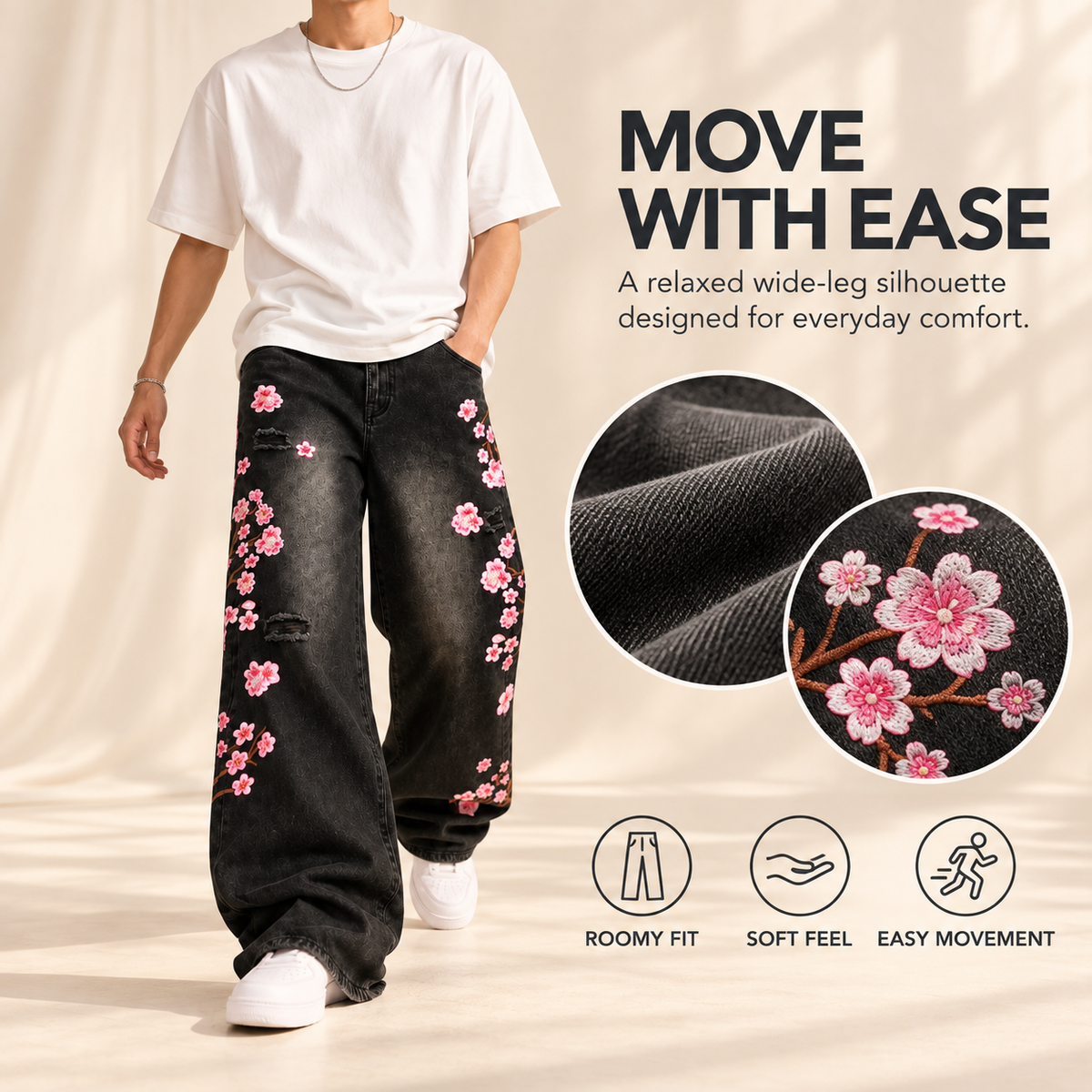 Sakura Embroidered Baggy Jeans