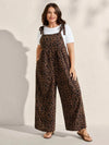 Plus Size Leopard Print Wide-Leg Jumpsuit with Adjustable Shoulder Ties